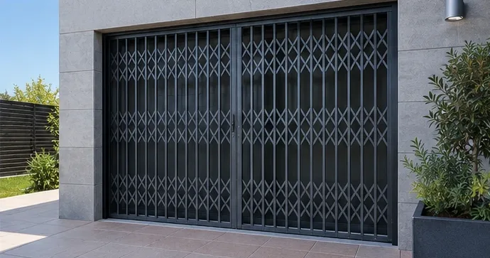Reja de ballesta gris cerrando un garaje
